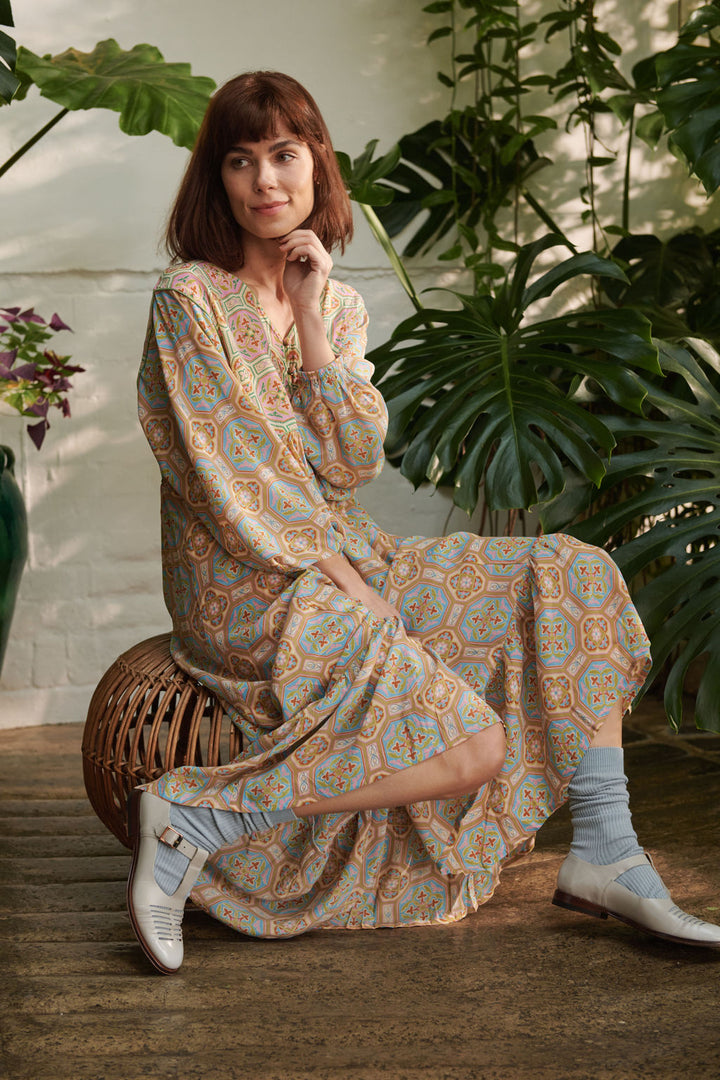 summery dress by one hundred stars with vintage tile print