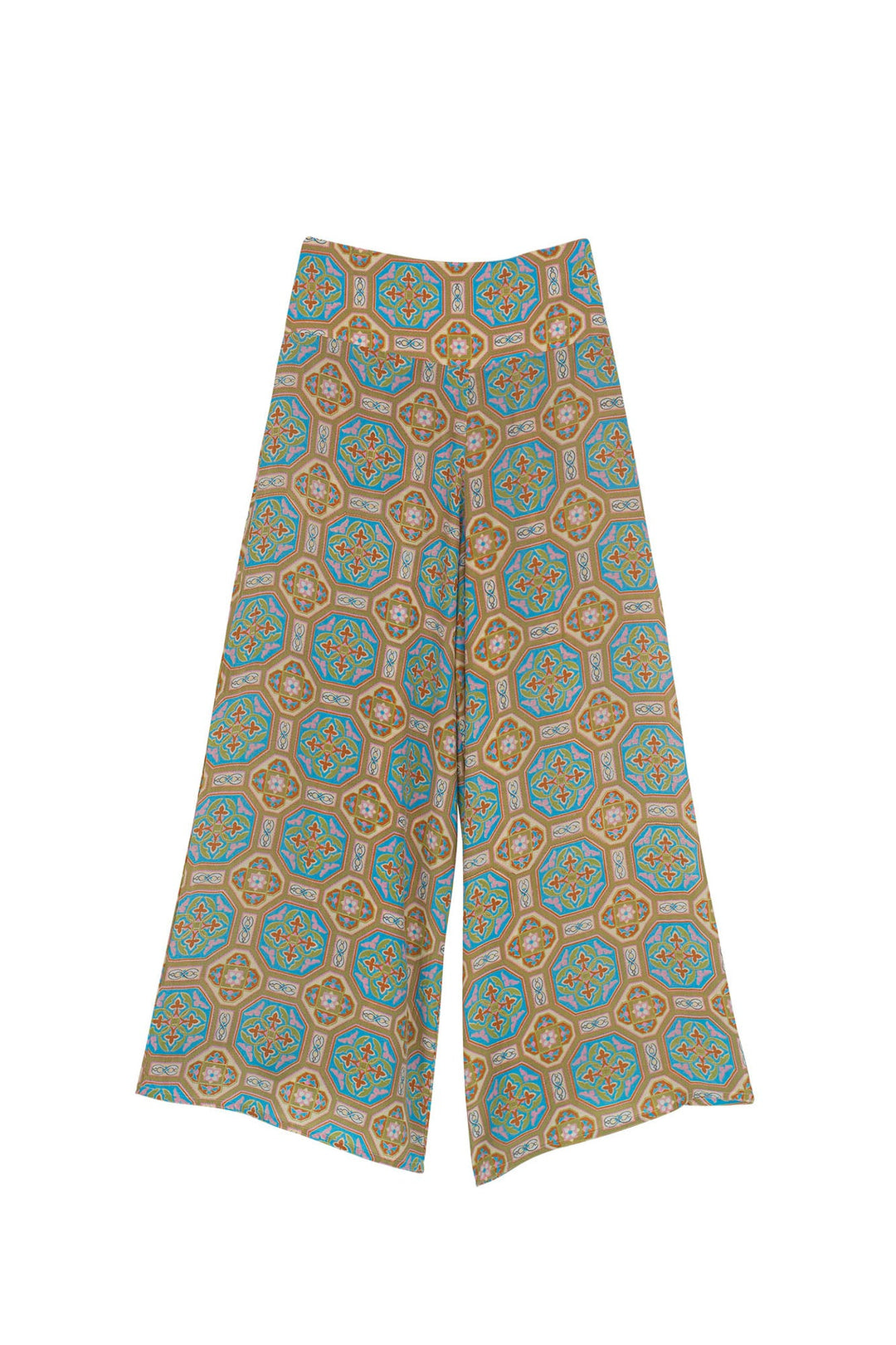 Women's palazzo trouser pants in vintage tiles blue print by One Hundred Stars