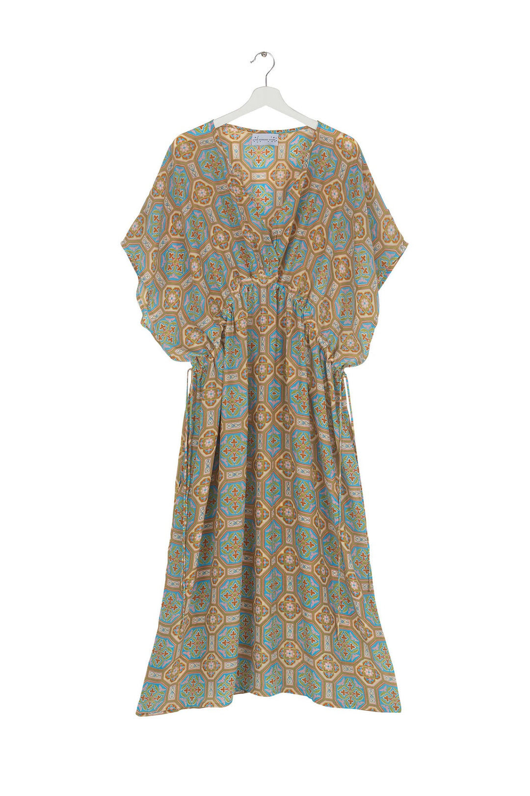 Women's lightweight beach cover up dress in vintage tiles blue print by One Hundred Stars