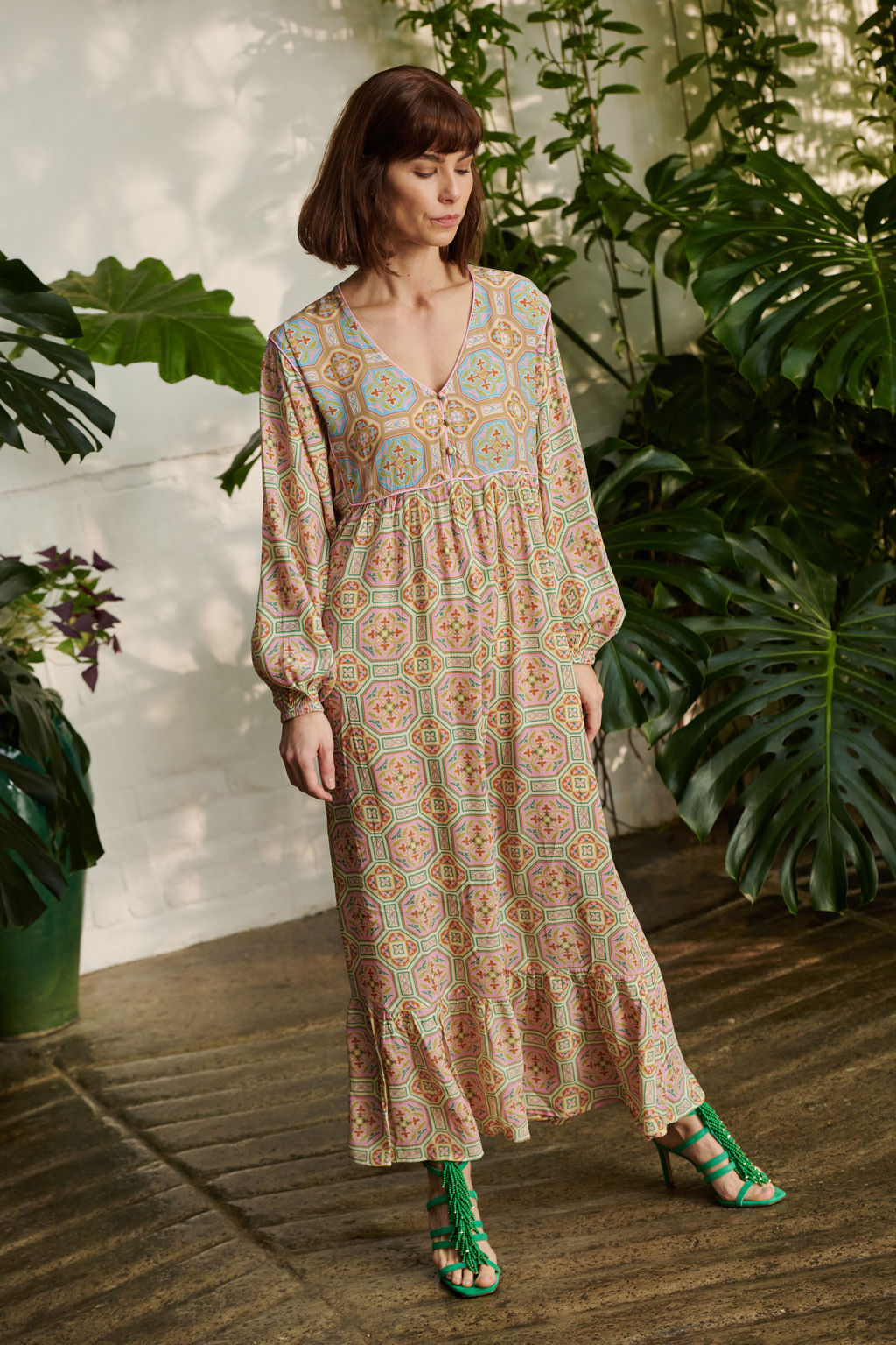 long sleeve ladies maxi dress with Vintage Tiles pattern in pink by One Hundred Stars