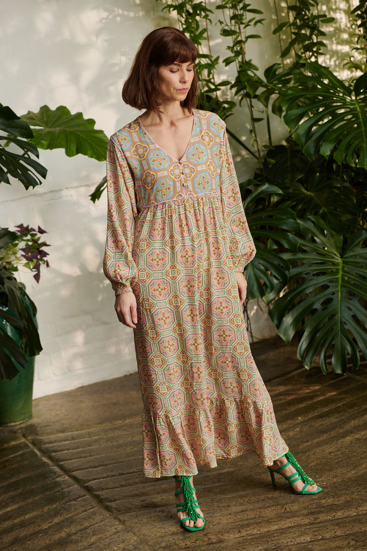 long sleeve ladies maxi dress with Vintage Tiles pattern in pink by One Hundred Stars