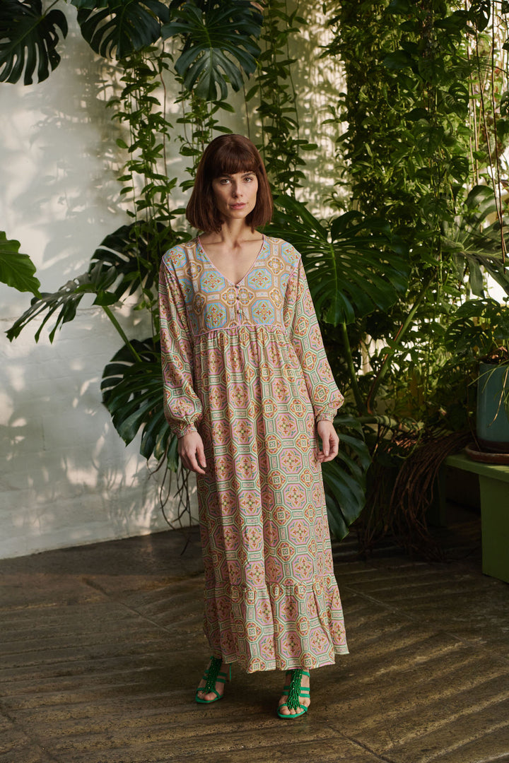long sleeve ladies maxi dress with Vintage Tiles pattern in pink by One Hundred Stars