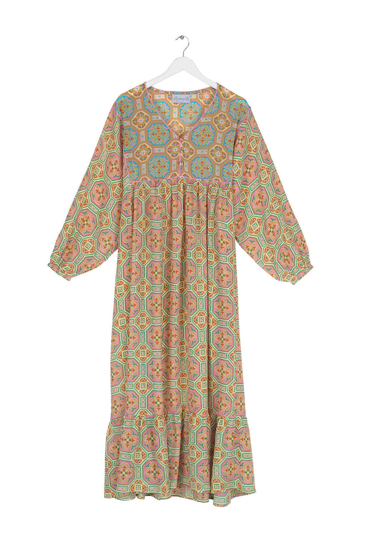 Women's boho maxi dress with long sleeves in vintage tiles pink print by One Hundred Stars