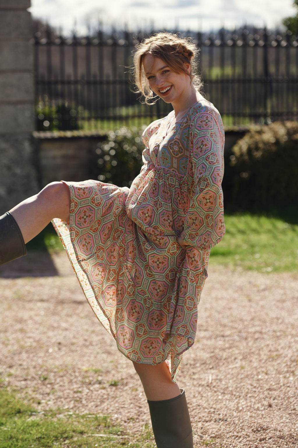 long sleeve ladies maxi dress with Vintage Tiles pattern in pink by One Hundred Stars