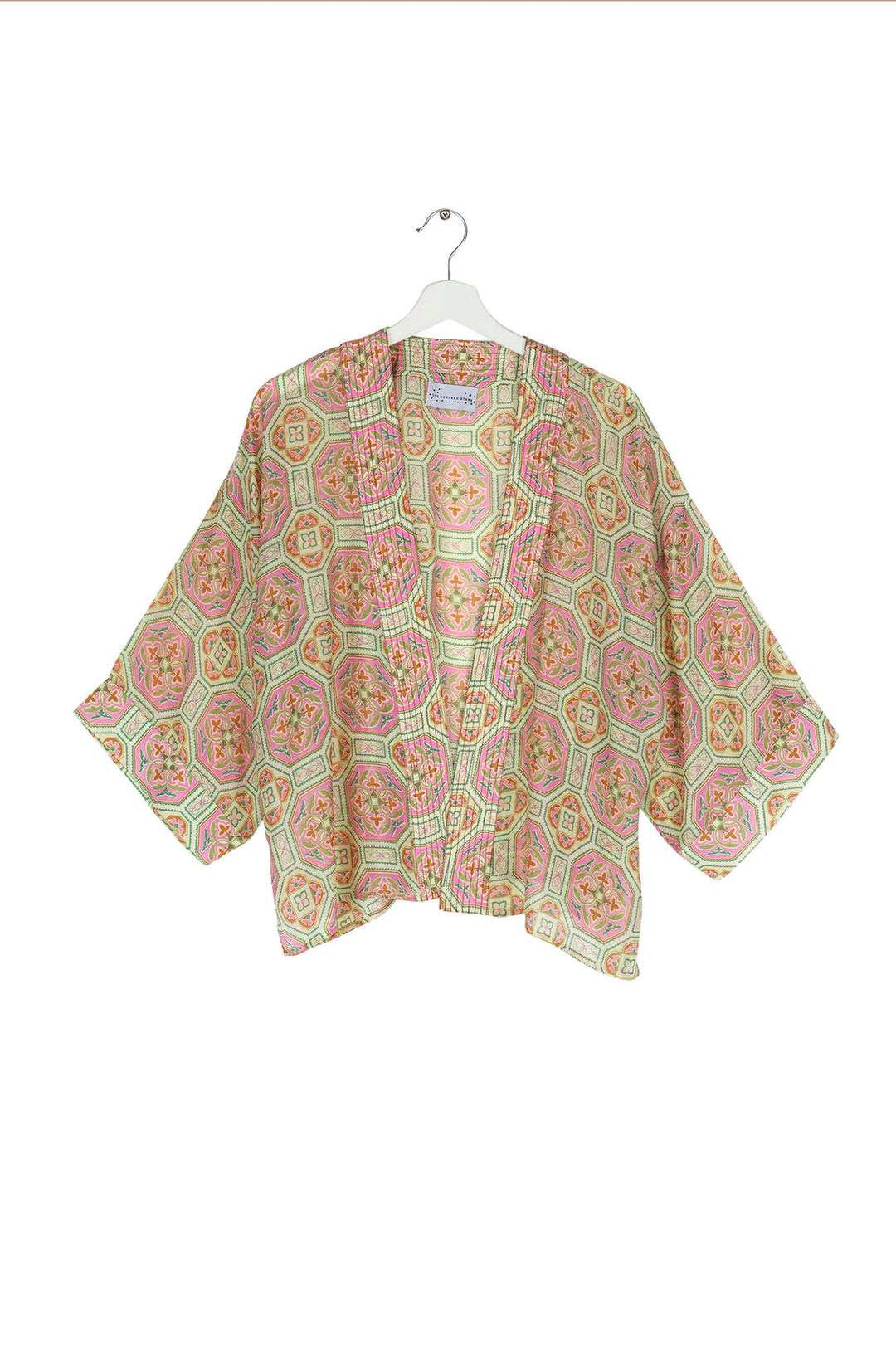 Women's short kimono in vintage tiles pink print by One Hundred Stars