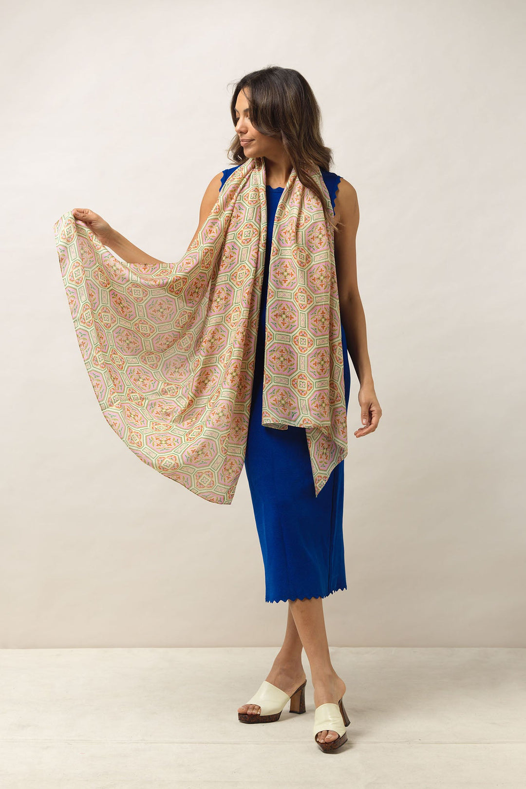 Women's accessories, gifts for her. Large scarf in vintage tiles pink print by One Hundred Stars