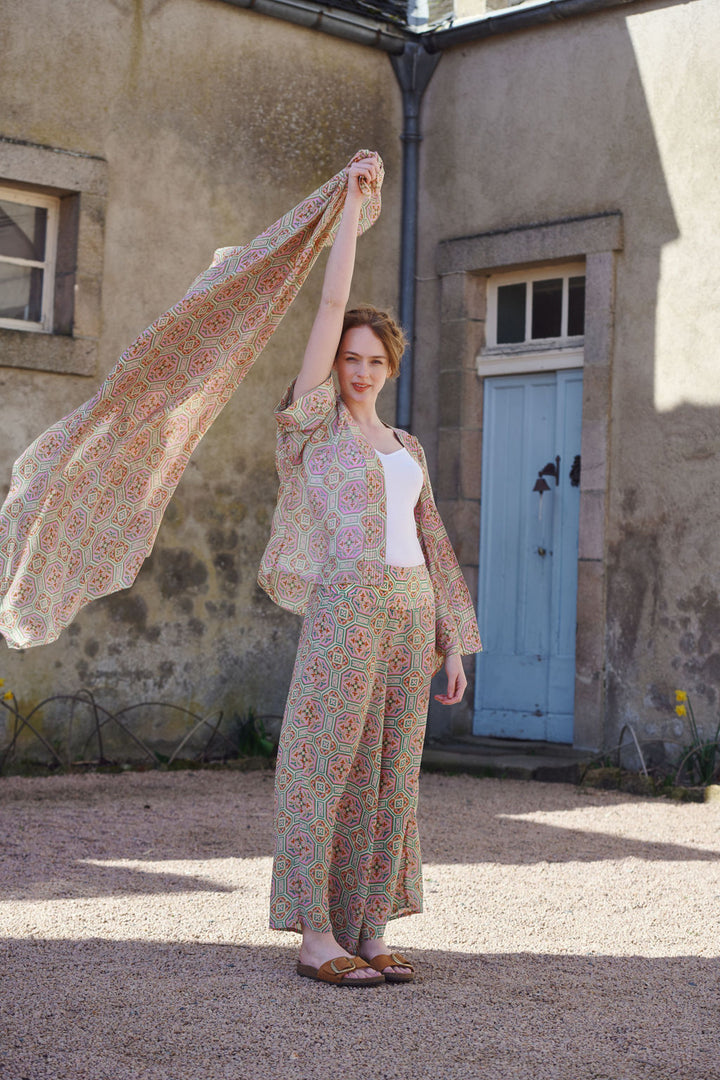 Women's short kimono in vintage tiles pink print by One Hundred Stars