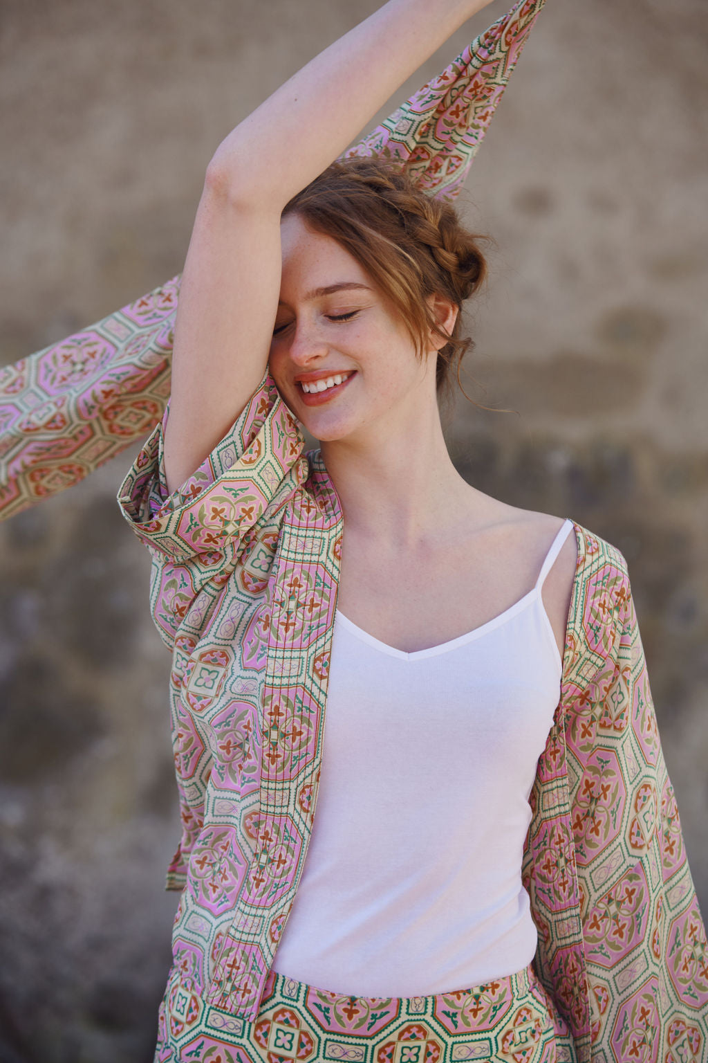Women's short kimono in vintage tiles pink print by One Hundred Stars