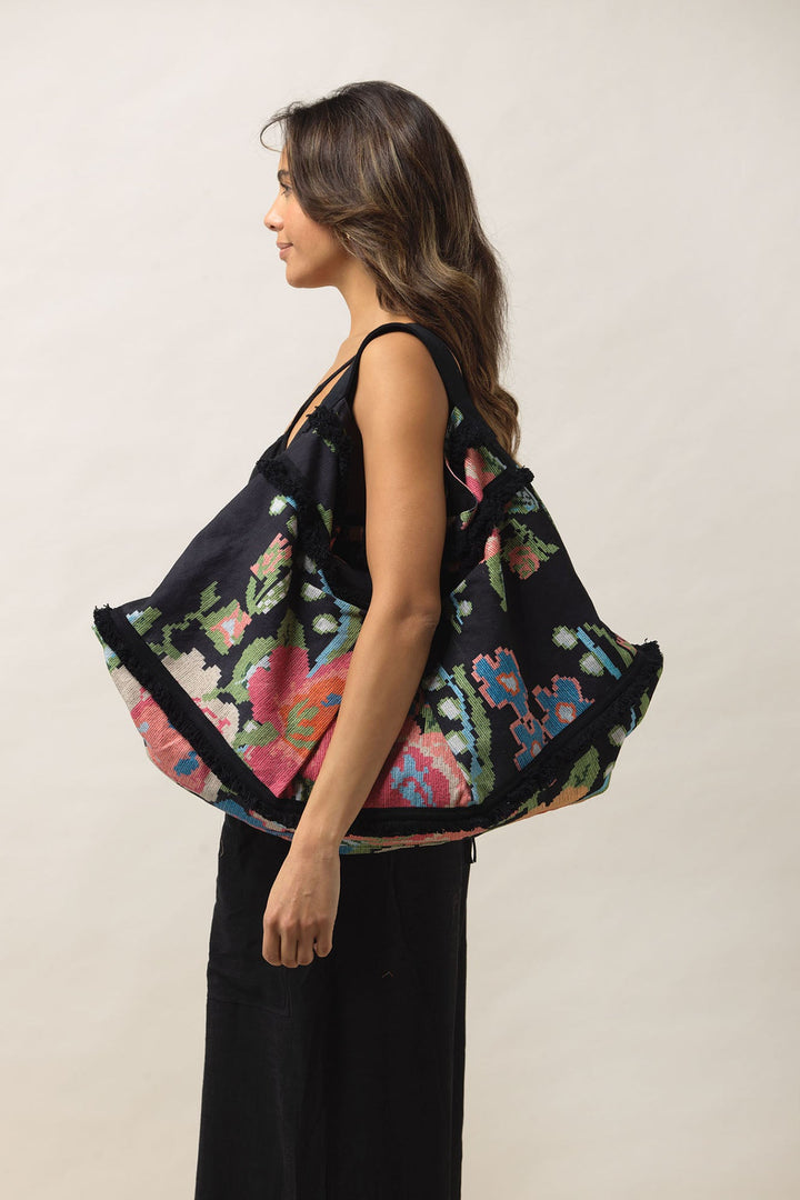 ladies large slouch bag cotton Woven Flower print by One Hundred Stars