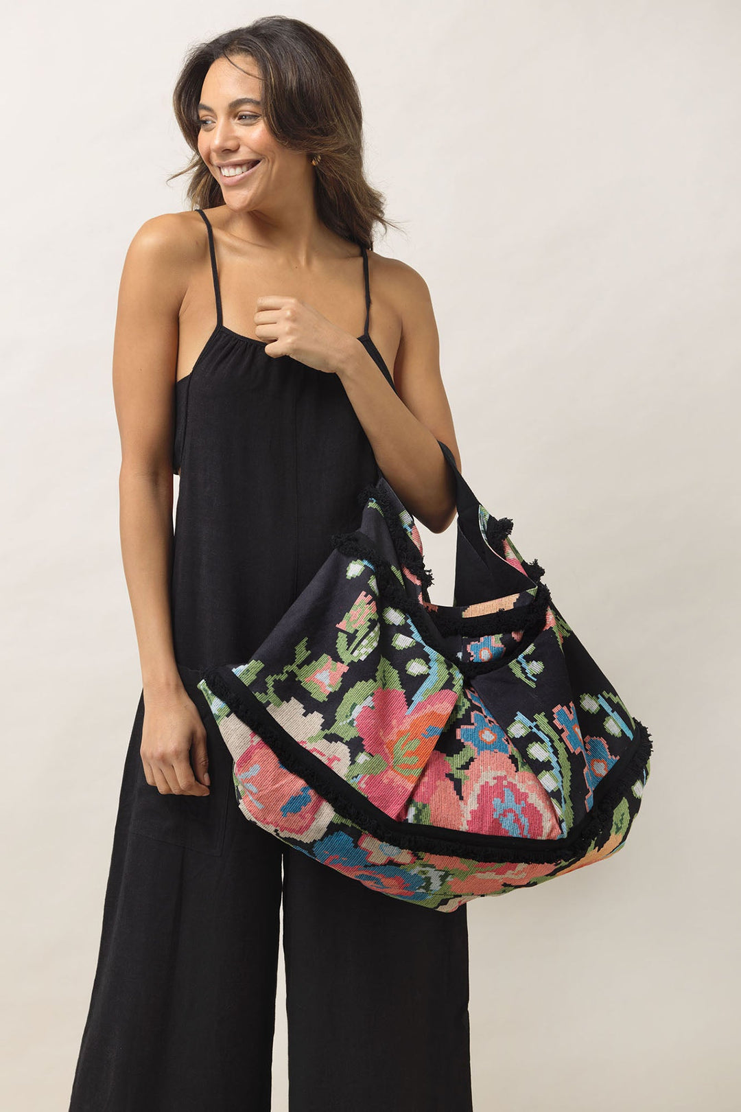 ladies large slouch bag cotton Woven Flower print by One Hundred Stars