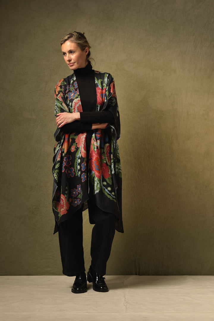 Woven Flower Black Wool Throwover - One Hundred Stars
