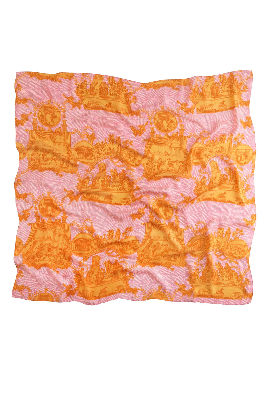 Orange and Pink print silk  is inspired by classic French Toile De Jouy fabrics