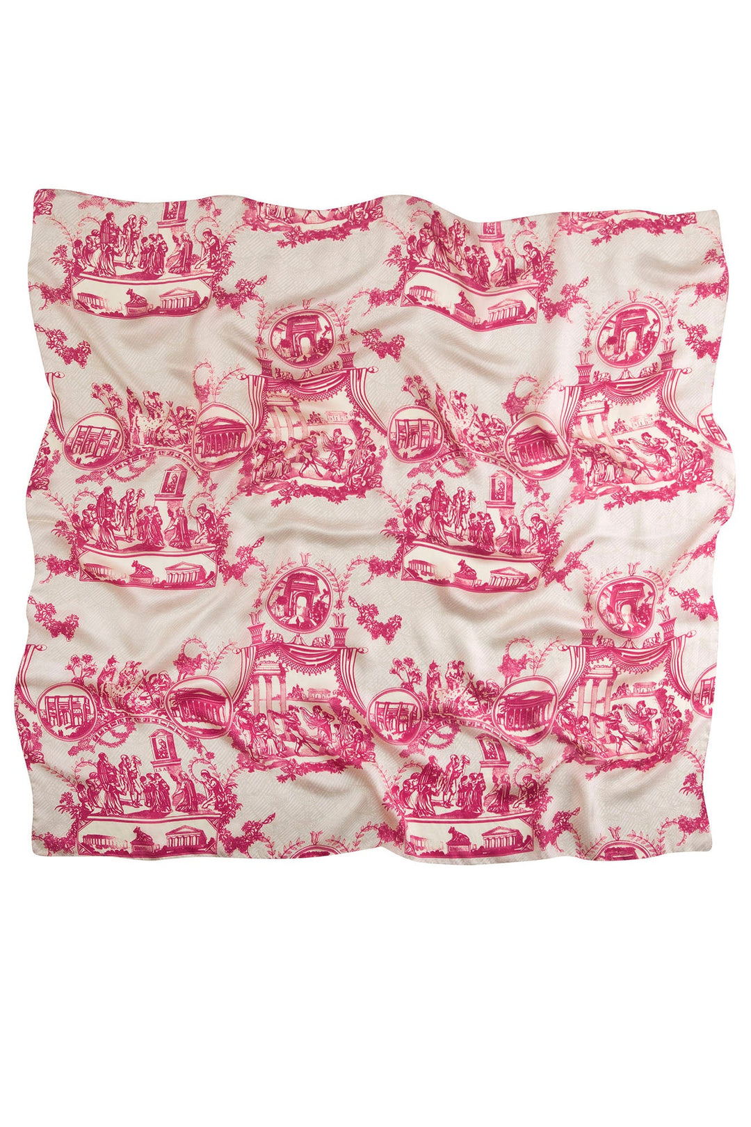 The Ancient Columns Pink print scarf is inspired by classic French Toile De Jouy fabrics.