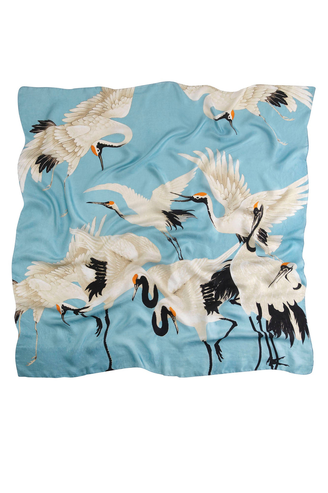 One Hundred Stars Stork Crane Sky Blue Silk Square Scarf - 100% silk, 100% hand screen printed and a whole 100cm x 100cm of print, this silk scarf oozes luxury whether you wear it knotted around your neck, as a headscarf or fastened around the handle of your favourite handbag.