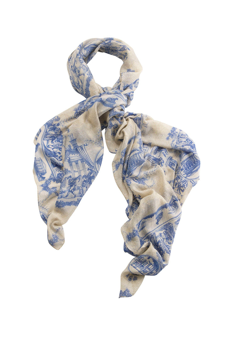 French Toile De Jouy inspired blue and white scarf