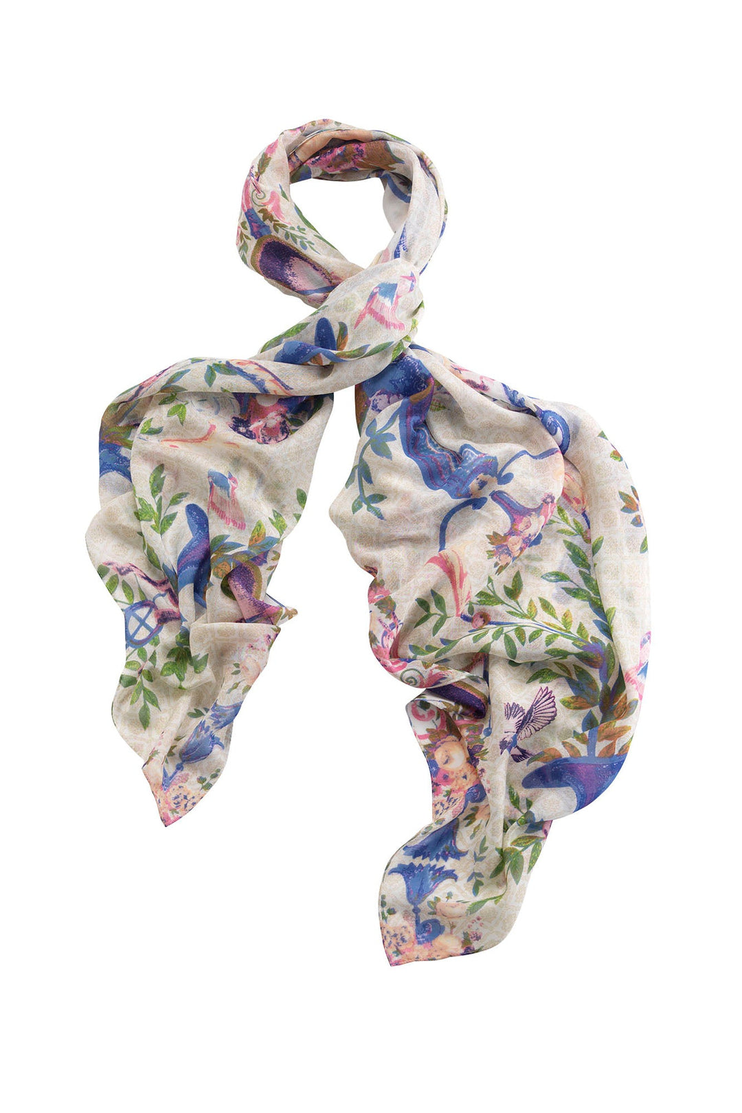 opulent print light weight scarf The One Hundred Stars Opulent Pastel Scarf  features pastel peaches, pinks, and statement blues to create an intricate pattern, which looks great styled with a white shirt, blue jeans and neutral heels for Spring Summer. 