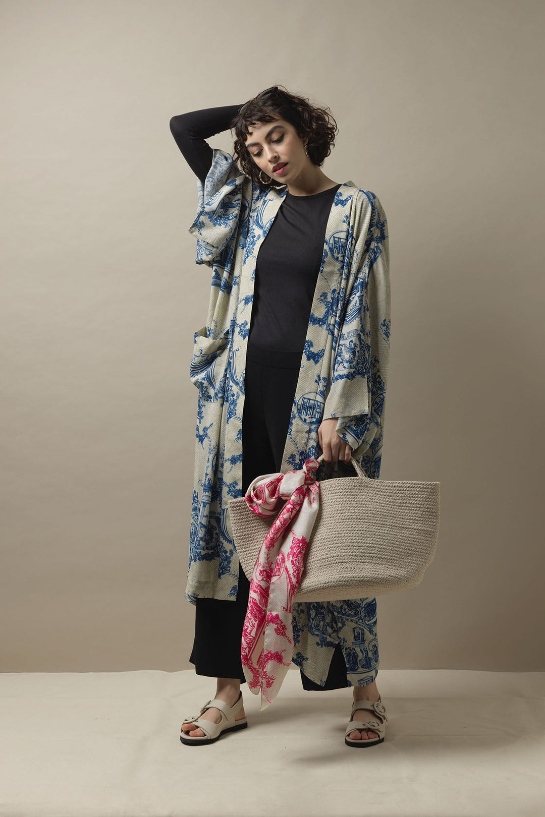 Blue and white vintage inspired long kimono