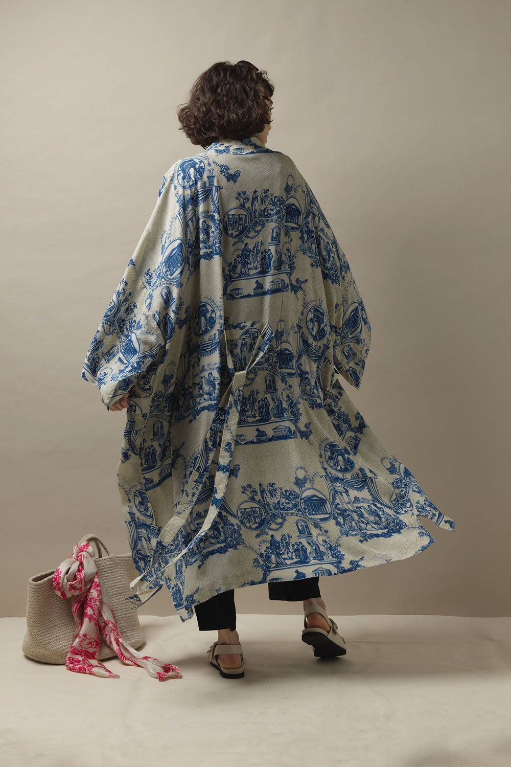 blue and white vintage toile long kimono jacket
