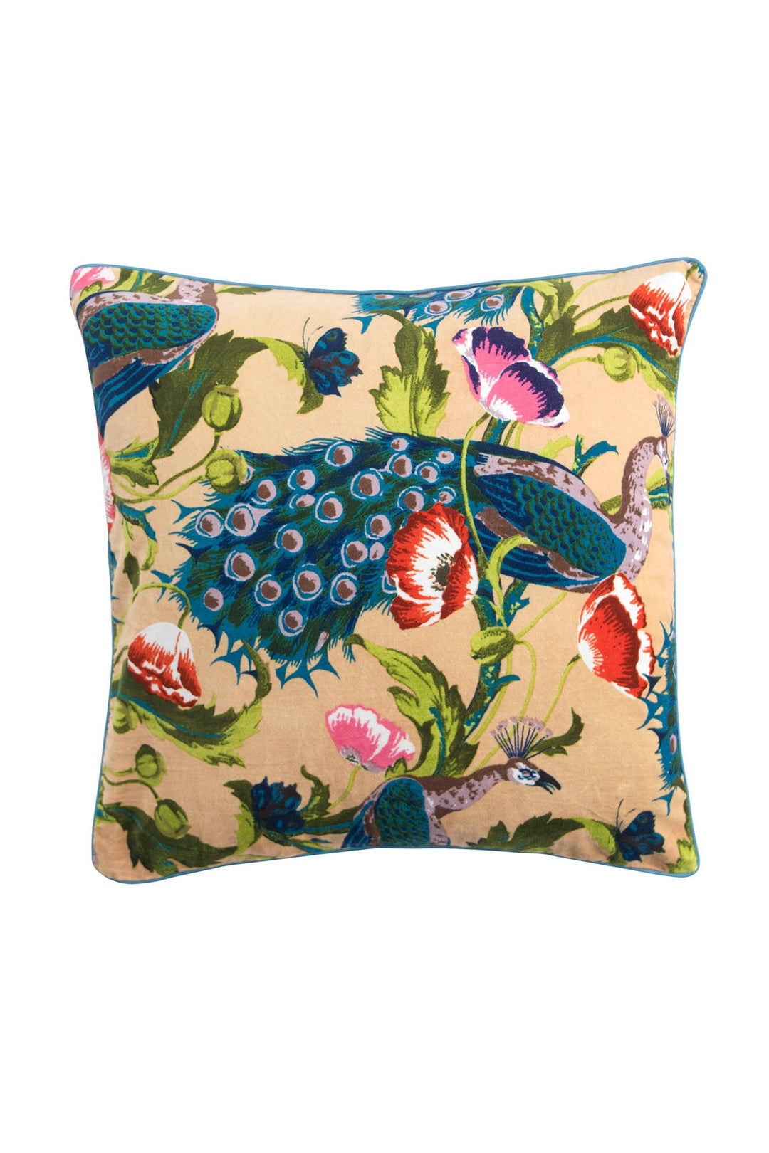 One Hundred Stars Peacock and Poppies Sand Velvet Cushion- These limited edition velvet cushions are 50 x 50cm and can purchased with or without an ethically sourced duck feather inner.