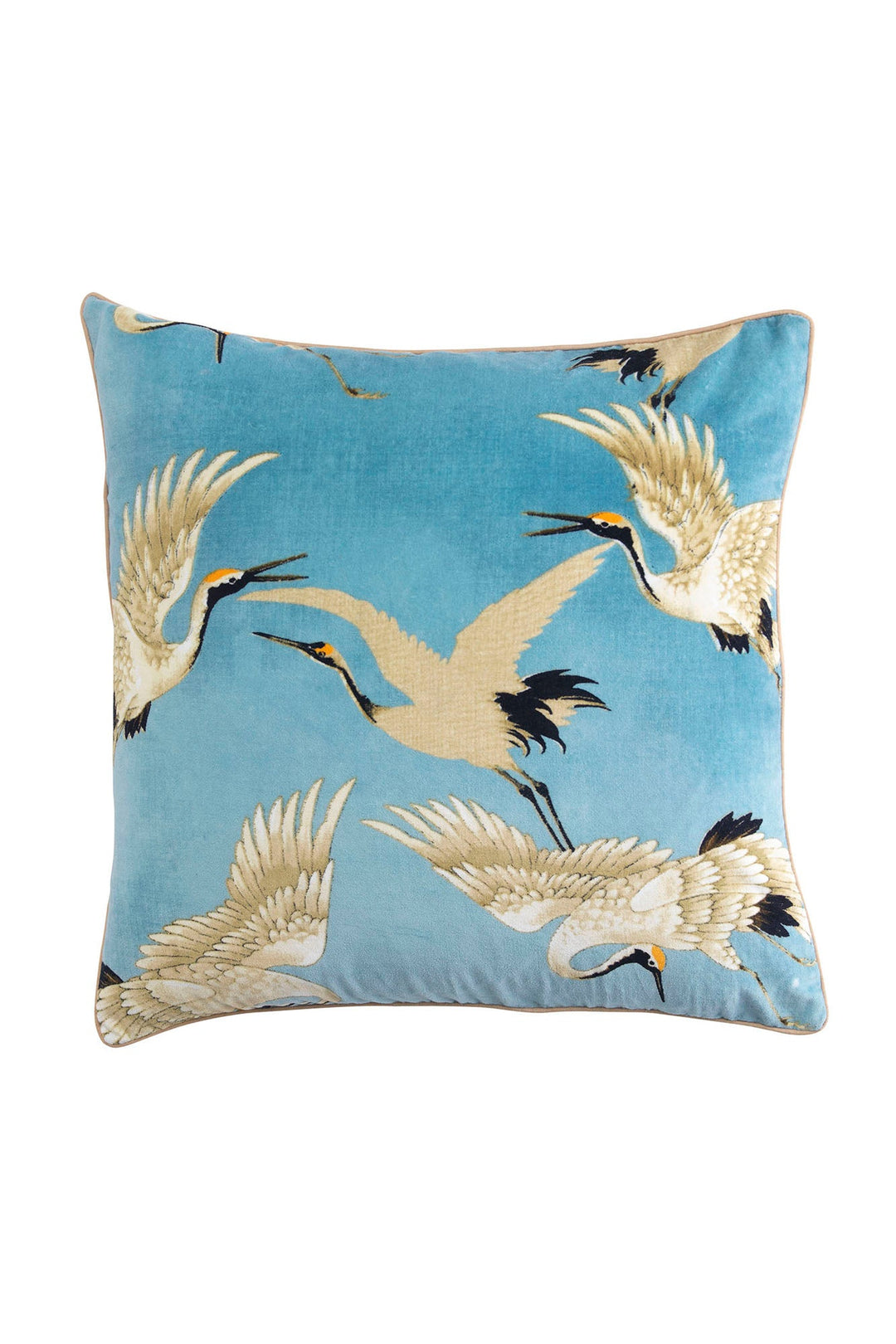 One Hundred Stars Stork Crane Sky Blue Square Velvet Cushion - These limited edition velvet cushions are 50cm x 50cm and can purchased with or without an ethically sourced duck feather inner.