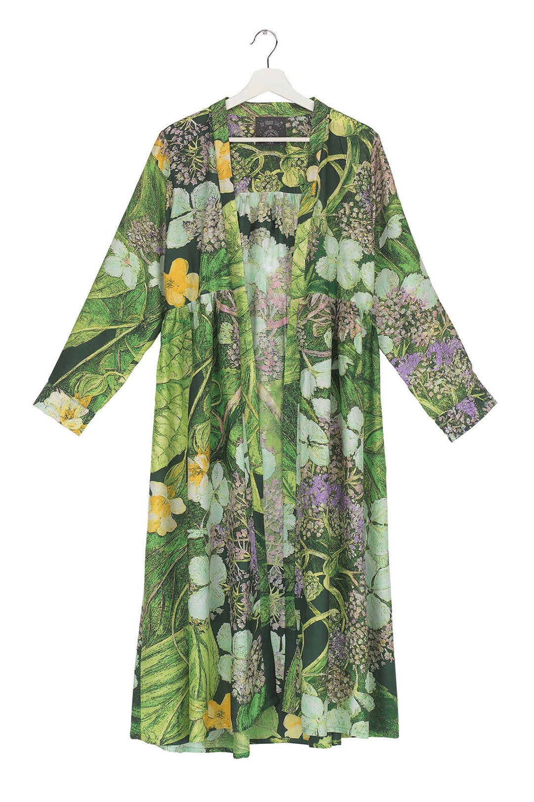 Marianne North Hydrangea Lime Green Duster Coat- This stunning shape is both stylish and versatile, whether you choose to wear our duster coat as a luxurious house coat, as part of a chic ensemble during the day or over a little black dress during the evening.