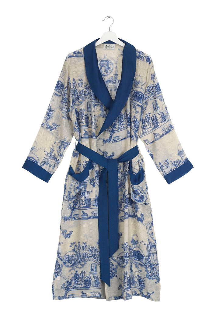 This luxury blue and white dressing gown is inspired by classic French Toile De Jouy prints and makes the perfect house coat or light weight robe. 
