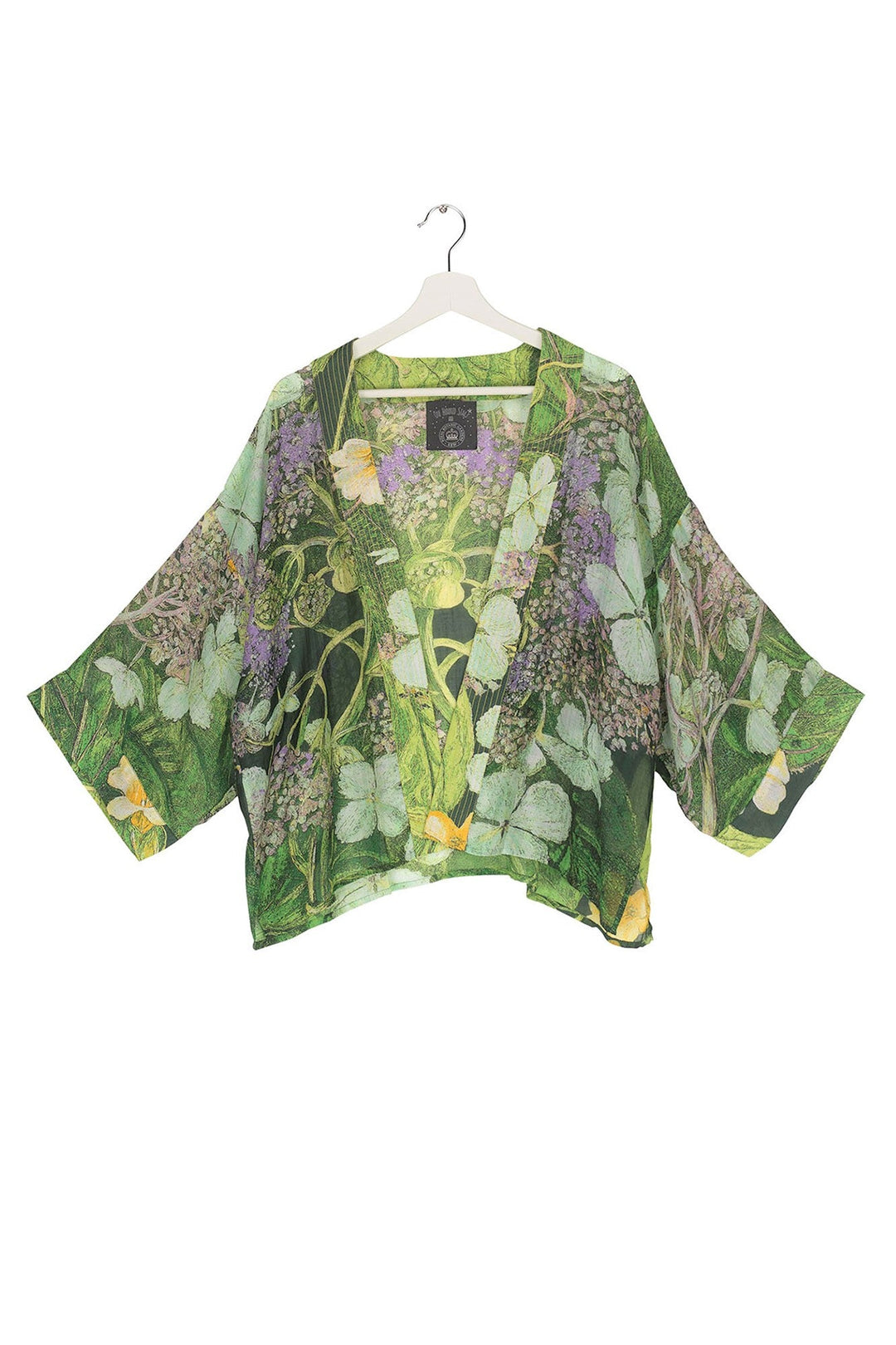 Marianne North Hydrangea Lime Green Kimono- Our bestselling kimono jackets have loose ¾ length sleeves, an open front and a lightly embroidered lapel. Pair with a matching camisole and your favourite jeans in summer or layer over a polo neck during the cooler months.