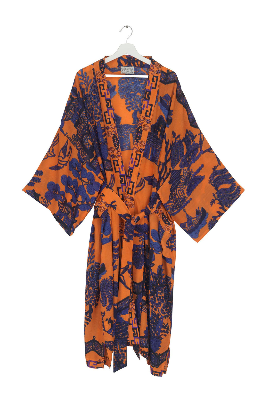 One Hundred Stars Giant Willow Orange Crepe Long Kimono- This kimono can be worn two ways, when tied at the back it makes a chic open fronted jacket. Alternatively, it can be worn tied at the front as a closed jacket or dress and secured using the interior waist tie. 