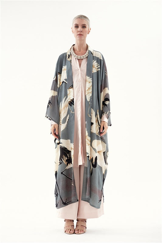 This One Hundred Stars Stork Crane Slate Grey Long Kimono adds an air of luxury to any outfit. 