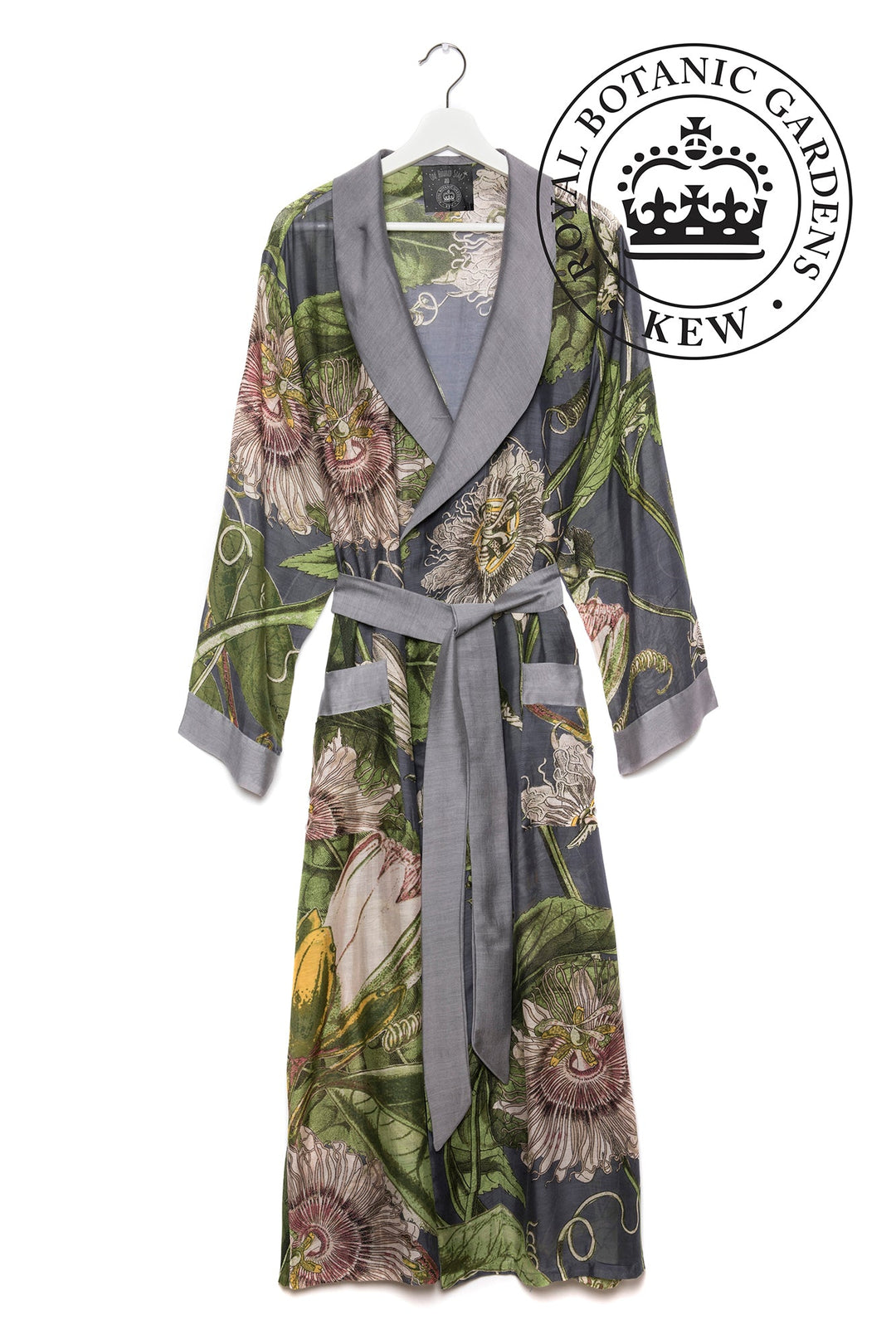 KEW Passion Flower Grey Gown- This gown is perfect as a luxurious house coat or for layering as a chic accessory to your favourite outfit.