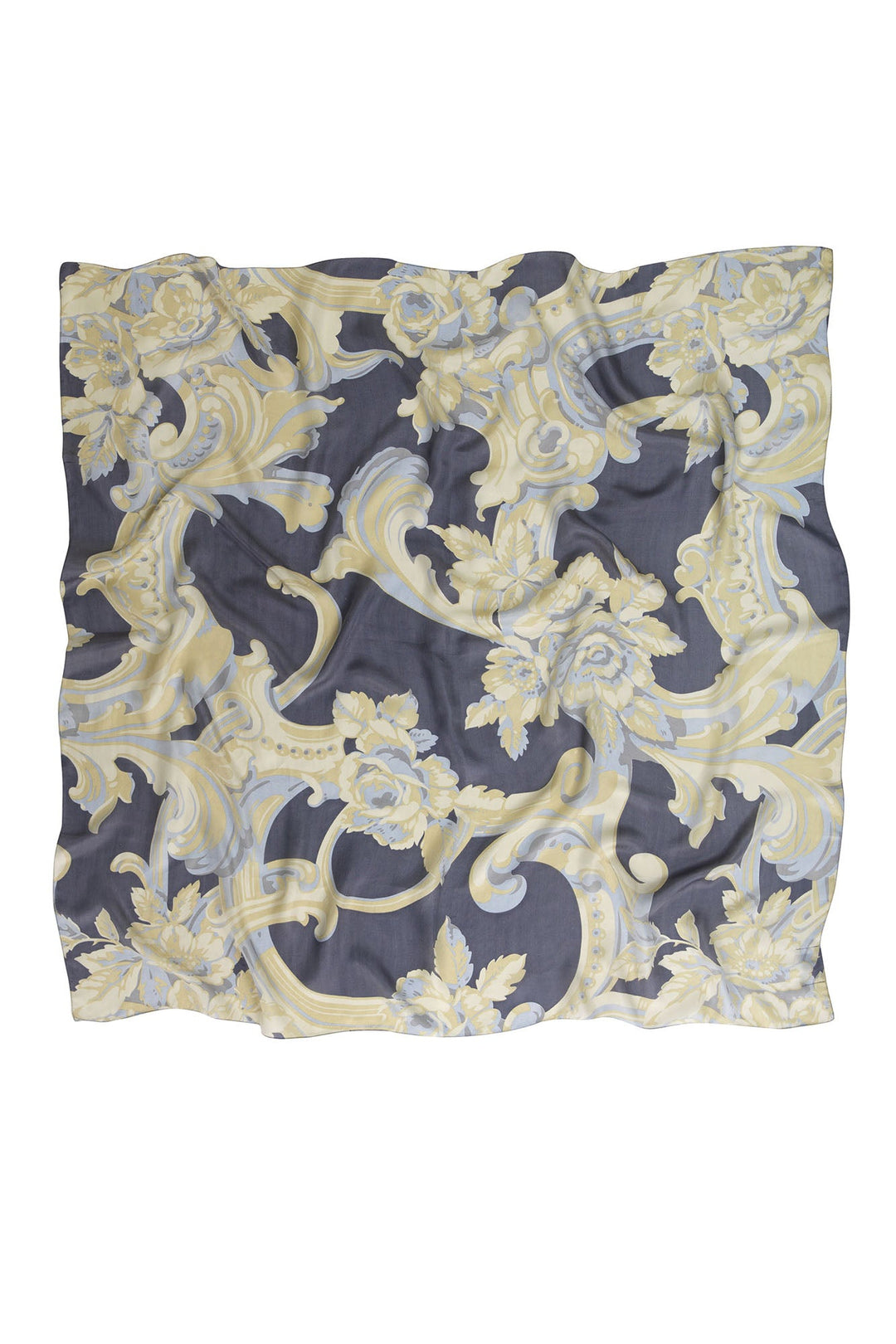 One Hundred Stars Plaster Roses Midnight Silk Scarf- 100% silk, 100% hand screen printed and a whole 100cm x 100cm of print, this silk scarf oozes luxury whether you wear it knotted around your neck, as a headscarf or fastened around the handle of your favourite handbag.