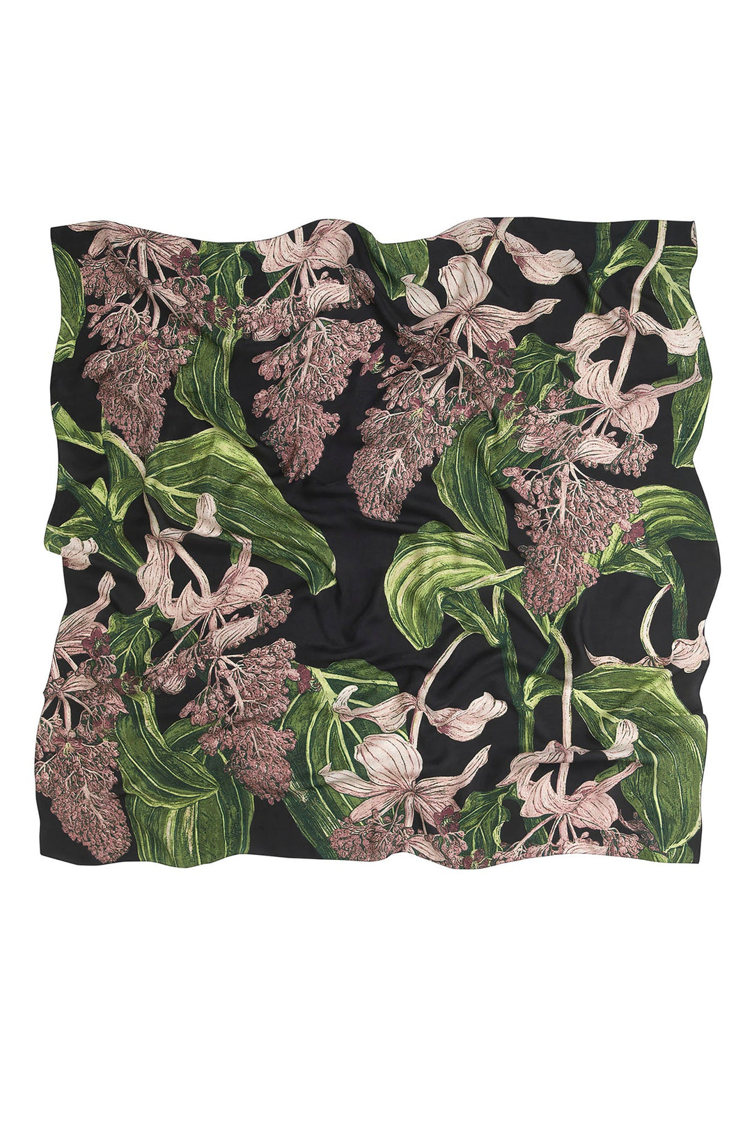 Marianne North Medinilla Silk Scarf- 100% silk, 100% hand screen printed and a whole 100cm x 100cm of print, this silk scarf oozes luxury whether you wear it knotted around your neck, as a headscarf or fastened around the handle of your favourite handbag.