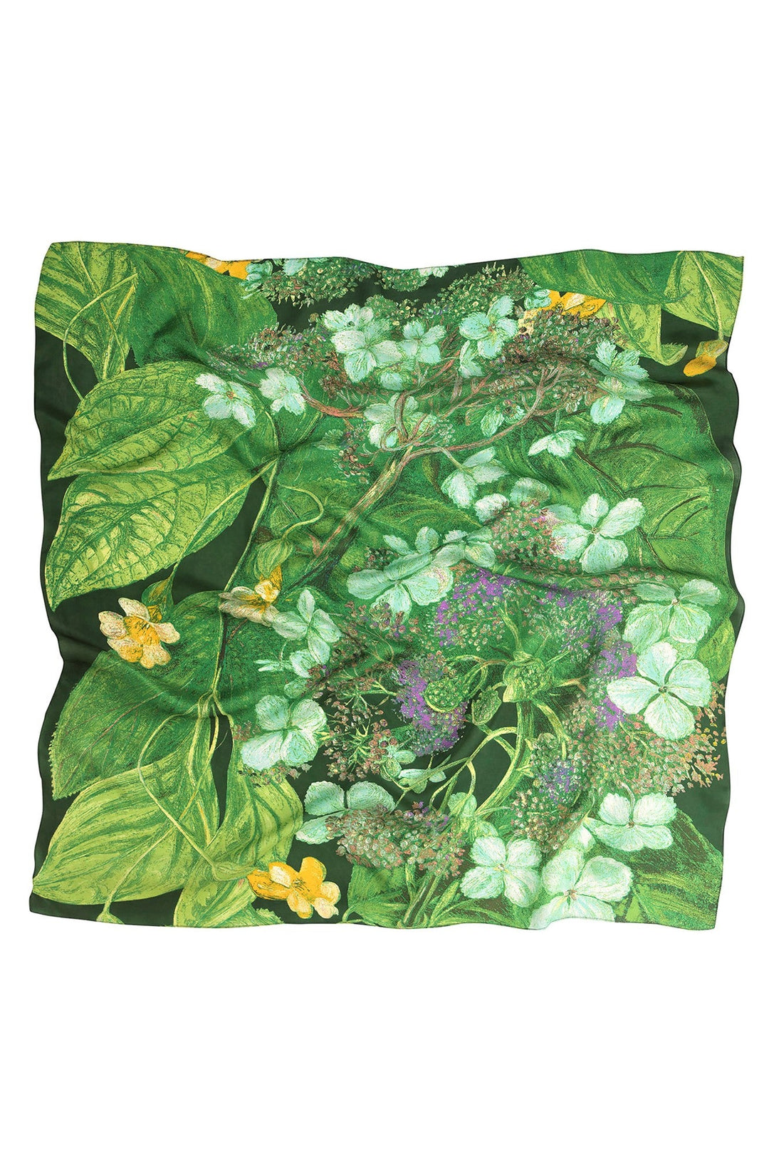 Marianne North Hydrangea Lime Silk Scarf- 100% silk, 100% hand screen printed and a whole 100cm x 100cm of print, this silk scarf oozes luxury whether you wear it knotted around your neck, as a headscarf or fastened around the handle of your favourite handbag.