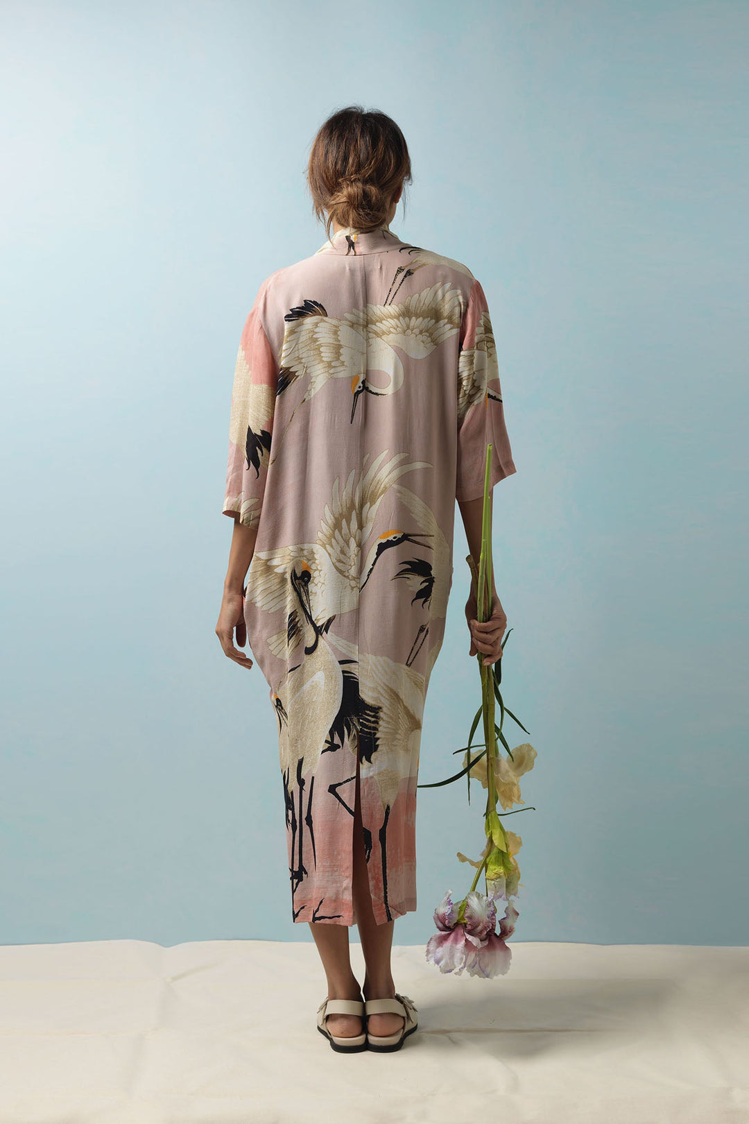 One Hundred Stars Stork Crane Plaster Pink Dress is a relaxed fitting with three quarter length sleeves. Midi length Pink Dress. Cocktail pink dress, one size dress including pockets. 