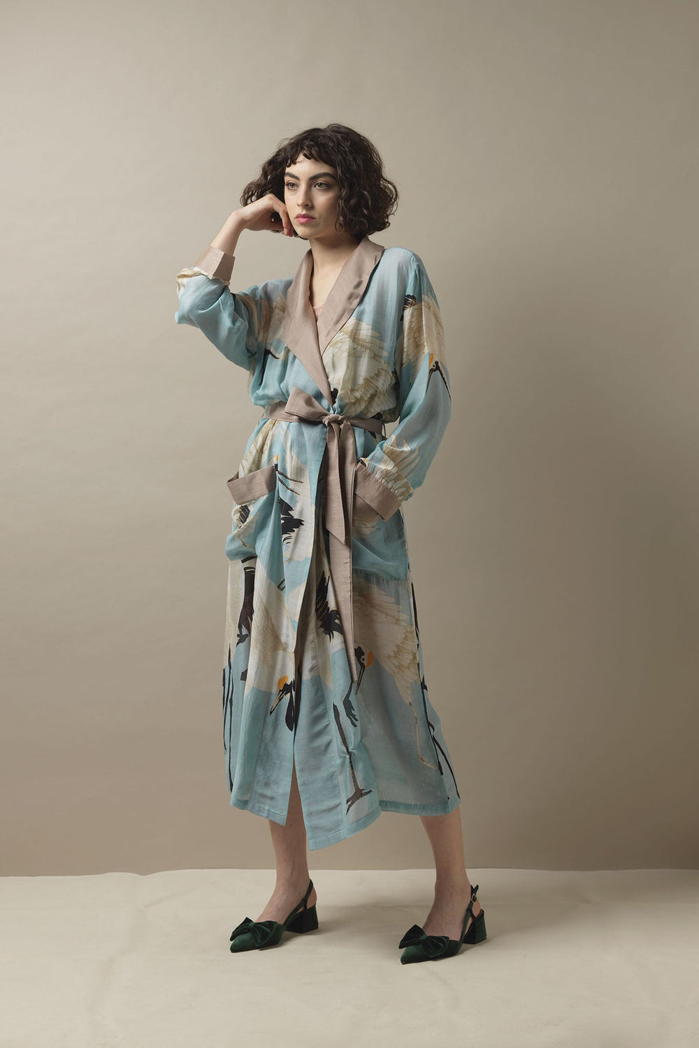 One Hundred Stars Stork Sky Blue Gown with contrast dusty pink collar. Can be worn multiple ways, either as a dress coat when tied at the back or a dressing gown.