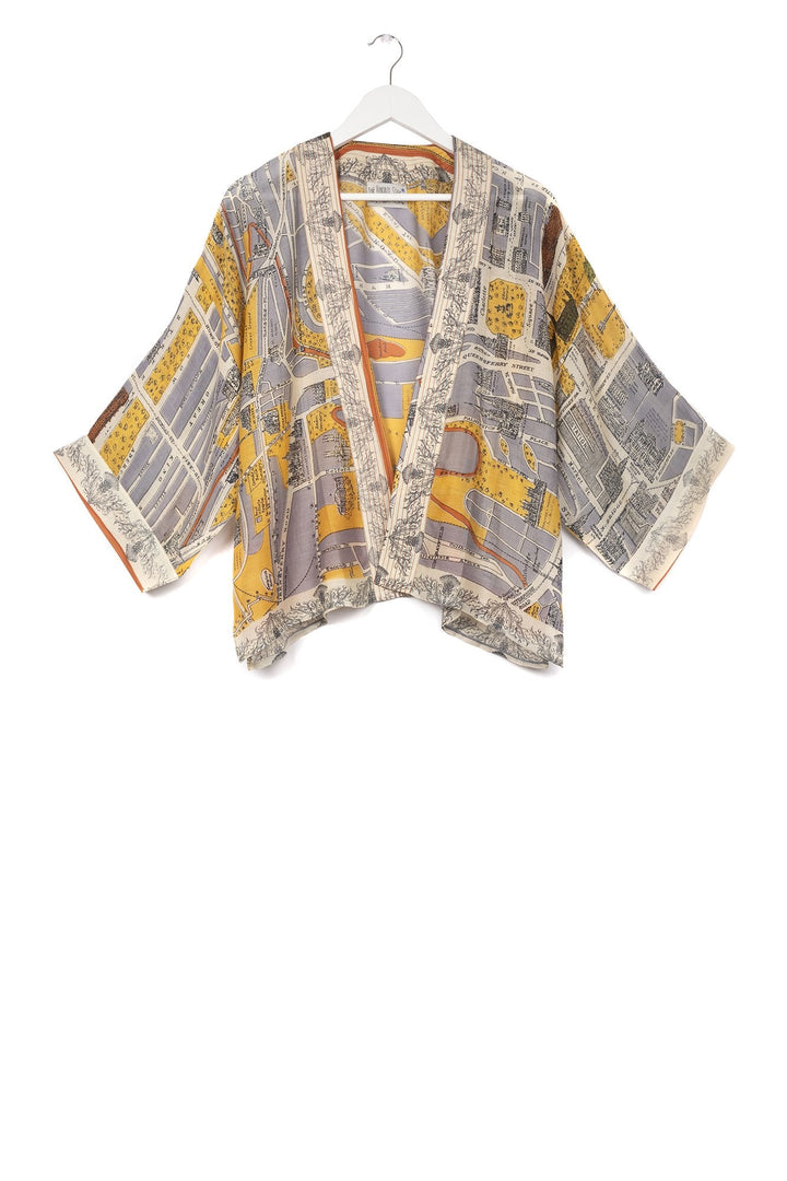 One Hundred Stars Edinburgh & Leith Map Kimono- Our bestselling kimono jackets have loose ¾ length sleeves, an open front and a lightly embroidered lapel. Pair with a matching camisole and your favourite jeans in summer or layer over a polo neck during the cooler months.