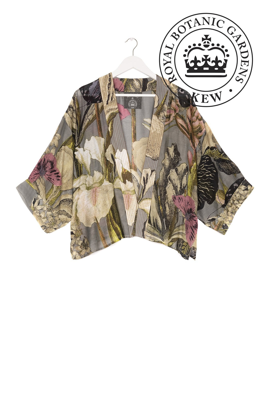 KEW Iris Grey Kimono- Our bestselling kimono jackets have loose ¾ length sleeves, an open front and a lightly embroidered lapel. Pair with a matching camisole and your favourite jeans in summer or layer over a polo neck during the cooler months.