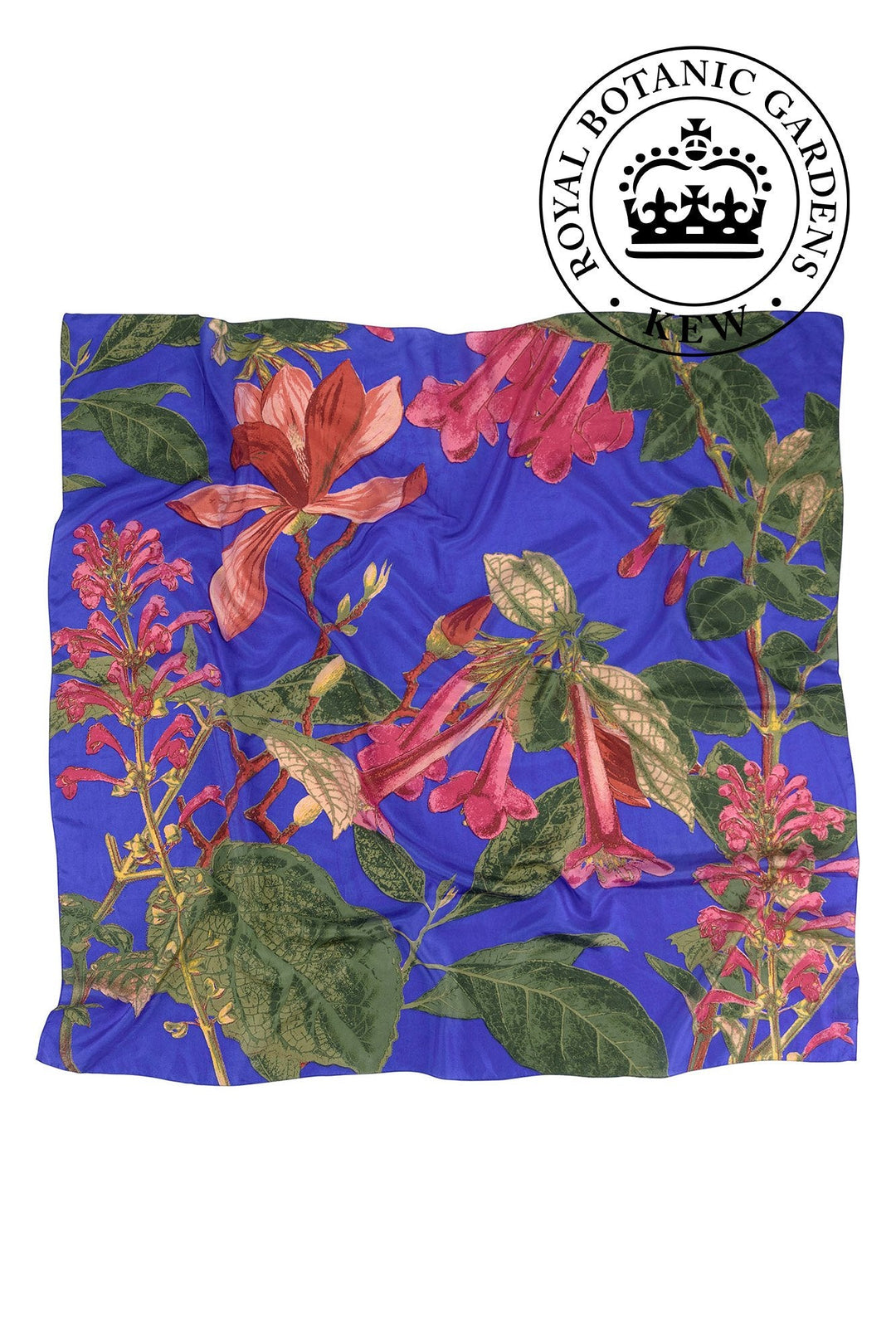 KEW Magnolia Purple Silk Square Scarf- 100% silk, 100% hand screen printed and a whole 100cm x 100cm of print, this silk scarf oozes luxury whether you wear it knotted around your neck, as a headscarf or fastened around the handle of your favourite handbag.