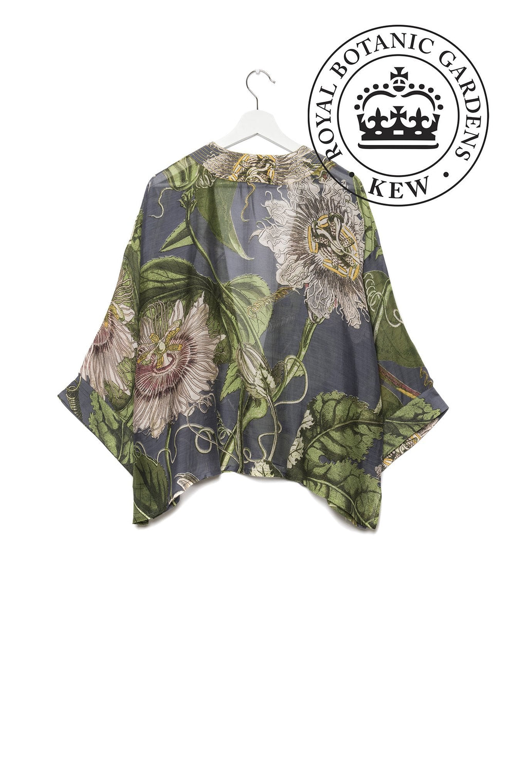 Passion Flower or 'Passiflora' mini kimono jacket grey by One Hundred Stars in Collaboration with Kew, Royal Botanic Gardens. 