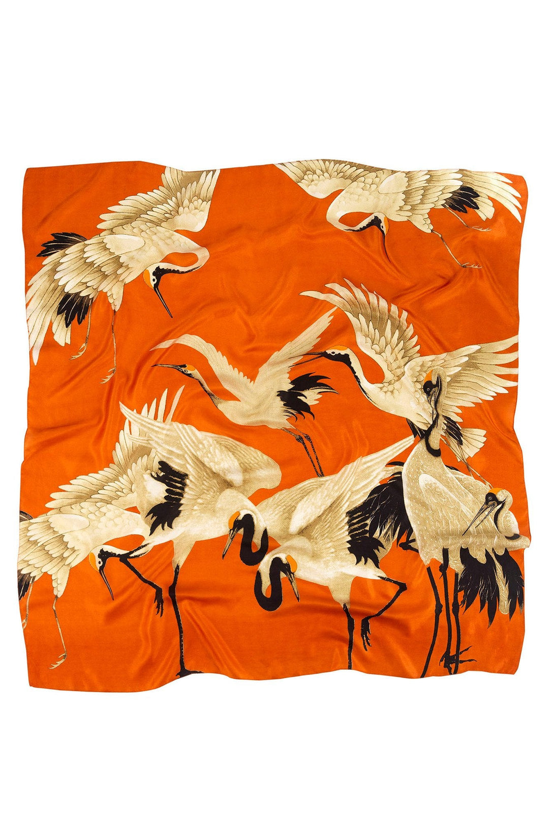 One Hundred Stars Stork Orange Silk Square Scarf- 100% silk, 100% hand screen printed and a whole 100cm x 100cm of print, this silk scarf oozes luxury whether you wear it knotted around your neck, as a headscarf or fastened around the handle of your favourite handbag. 