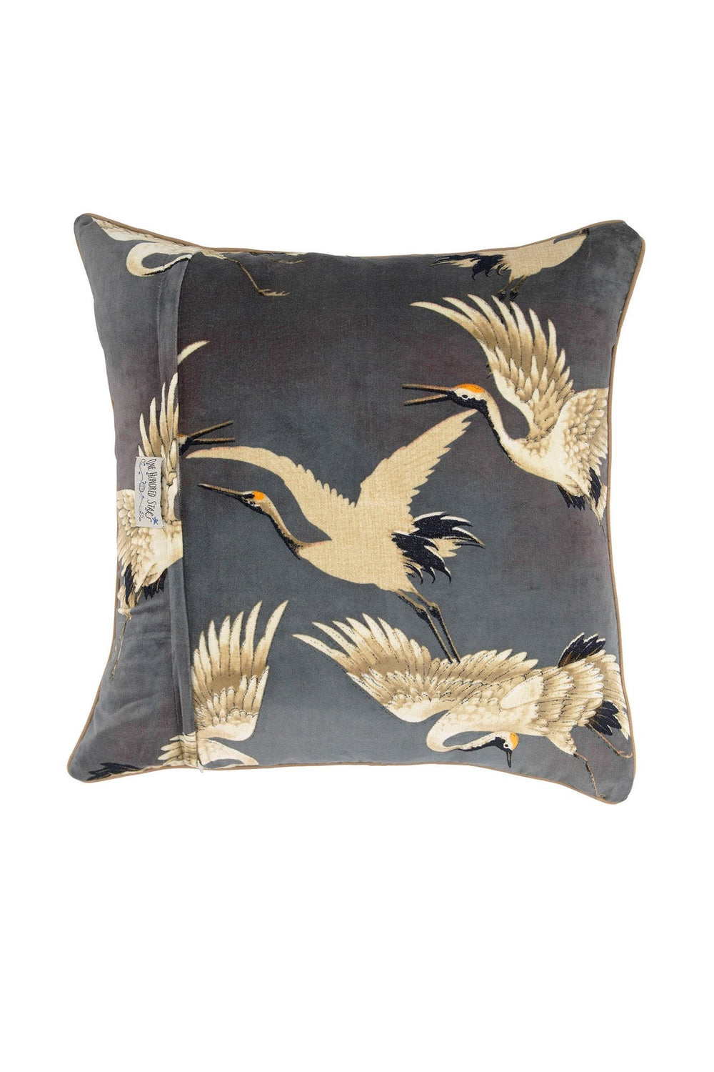 One Hundred Stars Stork Crane Slate Grey Square Velvet Cushion - These limited edition velvet cushions are 50 x 50cm and can purchased with or without an ethically sourced duck feather inner.